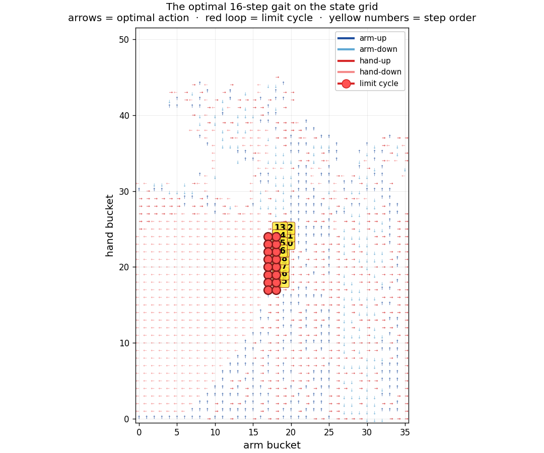 Optimal 16-step gait traced on the (arm, hand) state grid