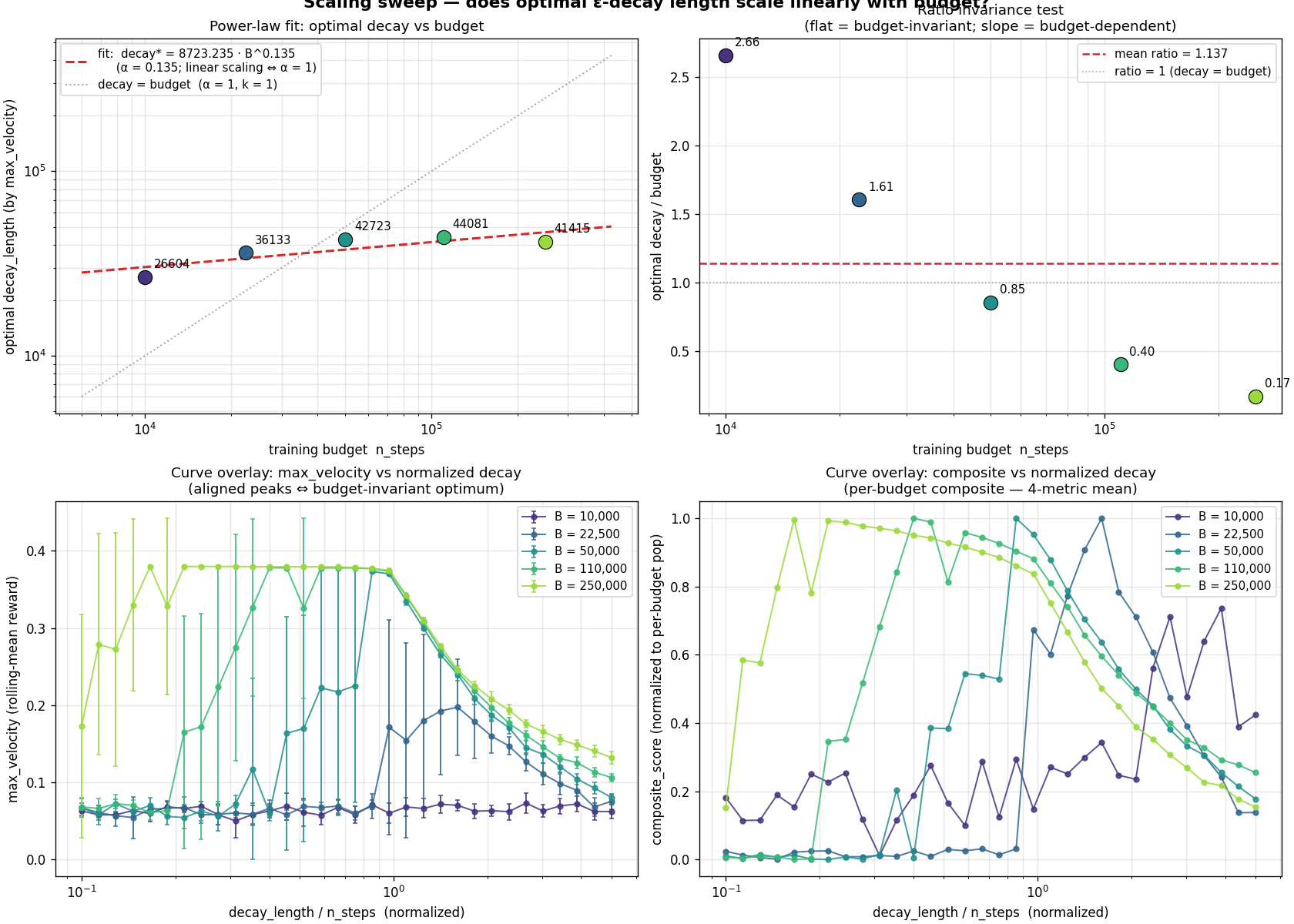 Log-log fit: optimal decay vs budget